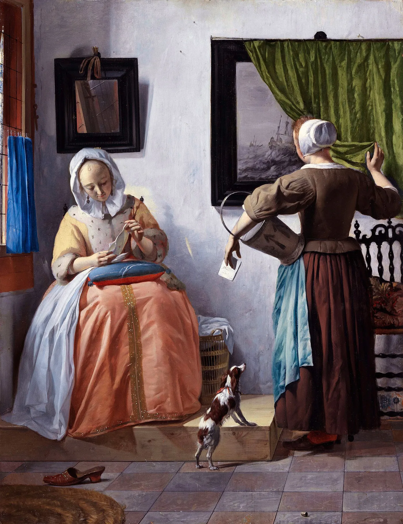 Gabriel Metsu, Woman Reading a Letter: a seated woman reads while her maid draws back a curtain.